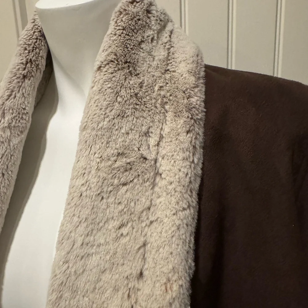 Kial Brown Faux Shearling Suede Look Open Front Coat Jacket Size M